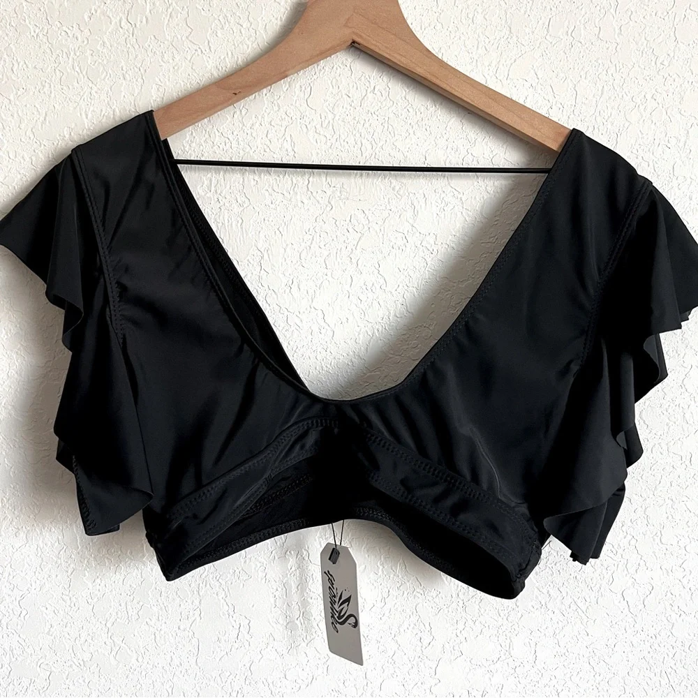 Sporlike Two Piece Swimsuit Ruffle Sleeve High Waist Black NWT L